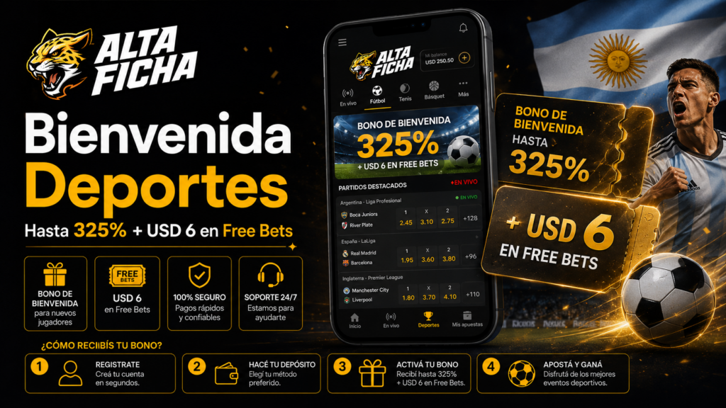 Bono deportivo de Altaficha de hasta 325% y USD 6 en Free Bets para Argentina