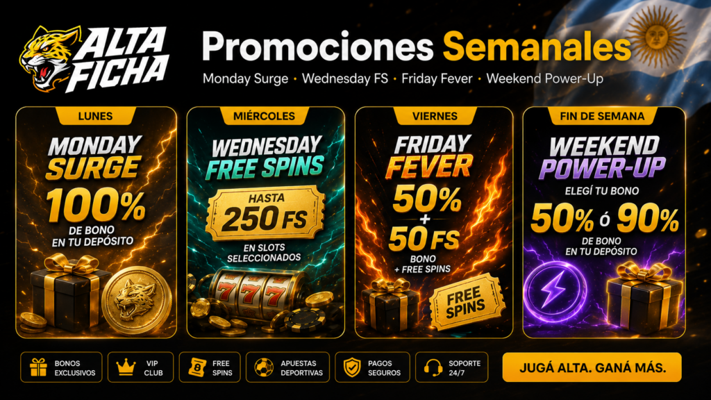 Monday Surge, Wednesday Free Spins, Friday Fever y Weekend Power-Up de Altaficha