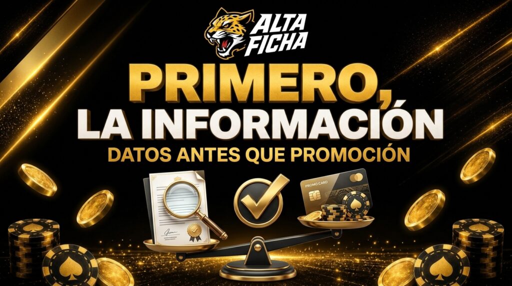 Banner de información independiente de Altaficha con logo oficial, balanza, documento verificado y elementos promocionales en negro y dorado