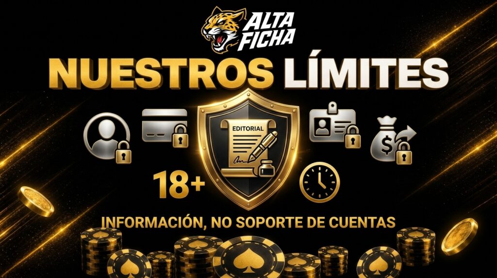 Banner de límites editoriales de Altaficha con logo oficial, escudo protector, iconos de cuenta bloqueados, símbolo 18+ y juego responsable