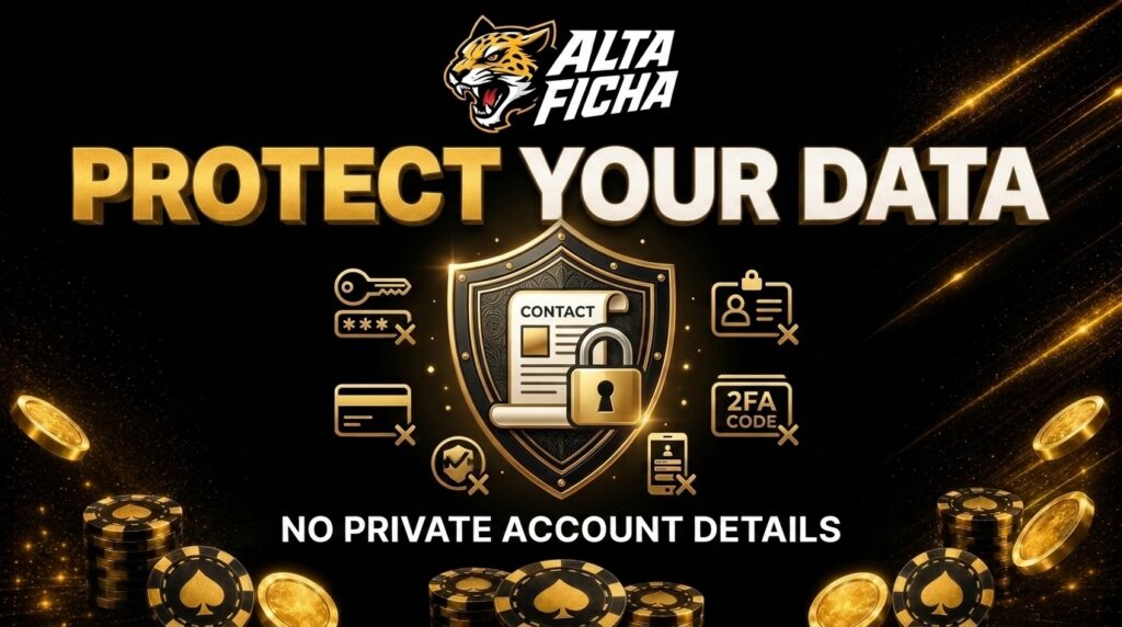 Altaficha privacy banner with official logo, shield, padlock and crossed-out icons for passwords, cards, documents and account screenshots
