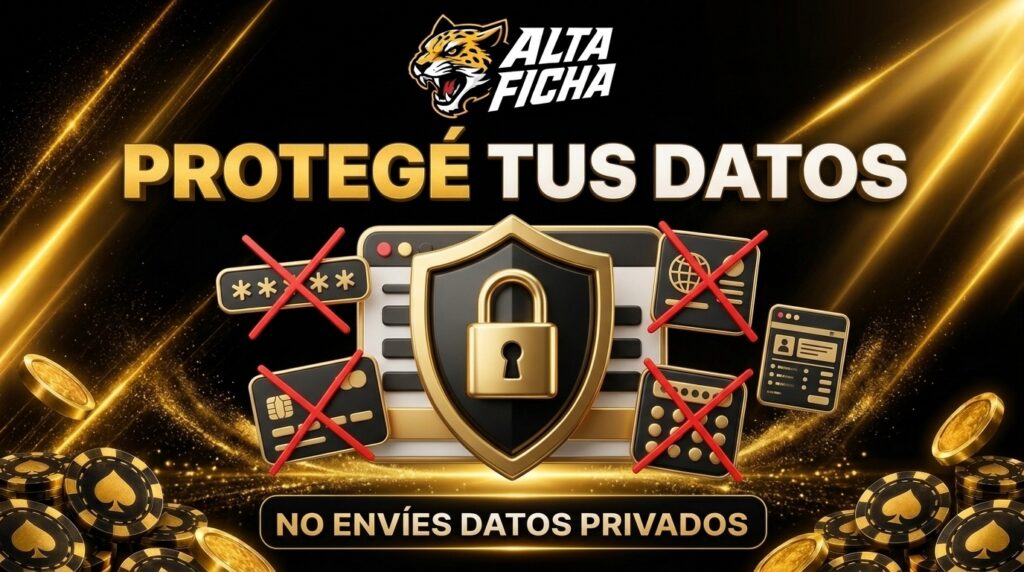 Banner de privacidad de Altaficha con logo oficial, escudo, candado e iconos tachados de contraseñas, tarjetas, documentos y capturas de cuenta