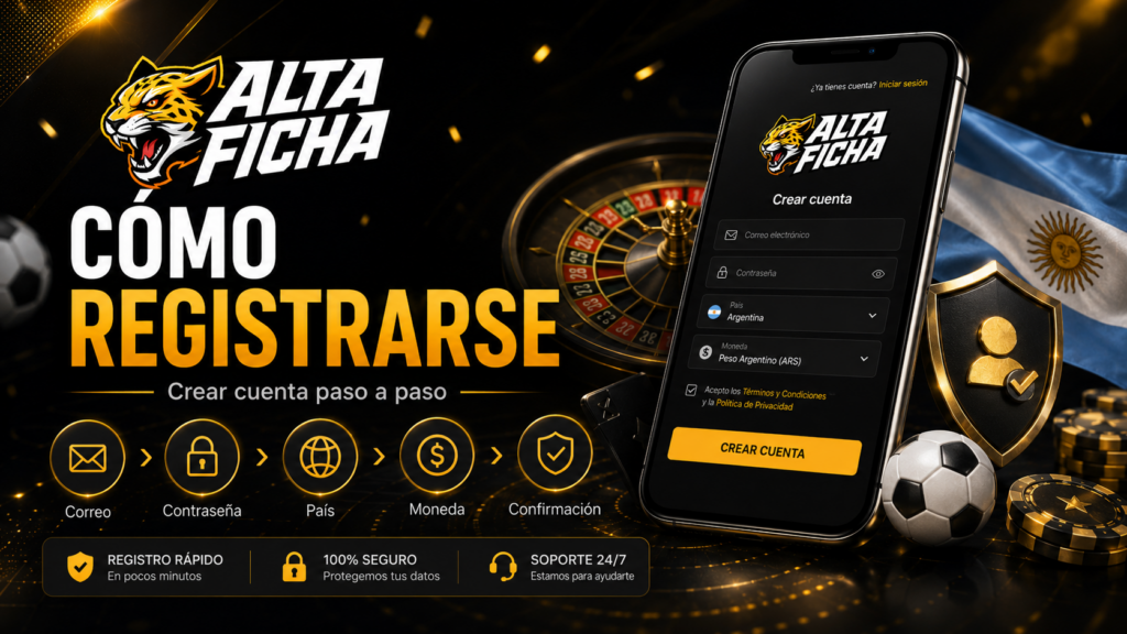 Formulario para registrarse en Altaficha con correo, contraseña, país y moneda