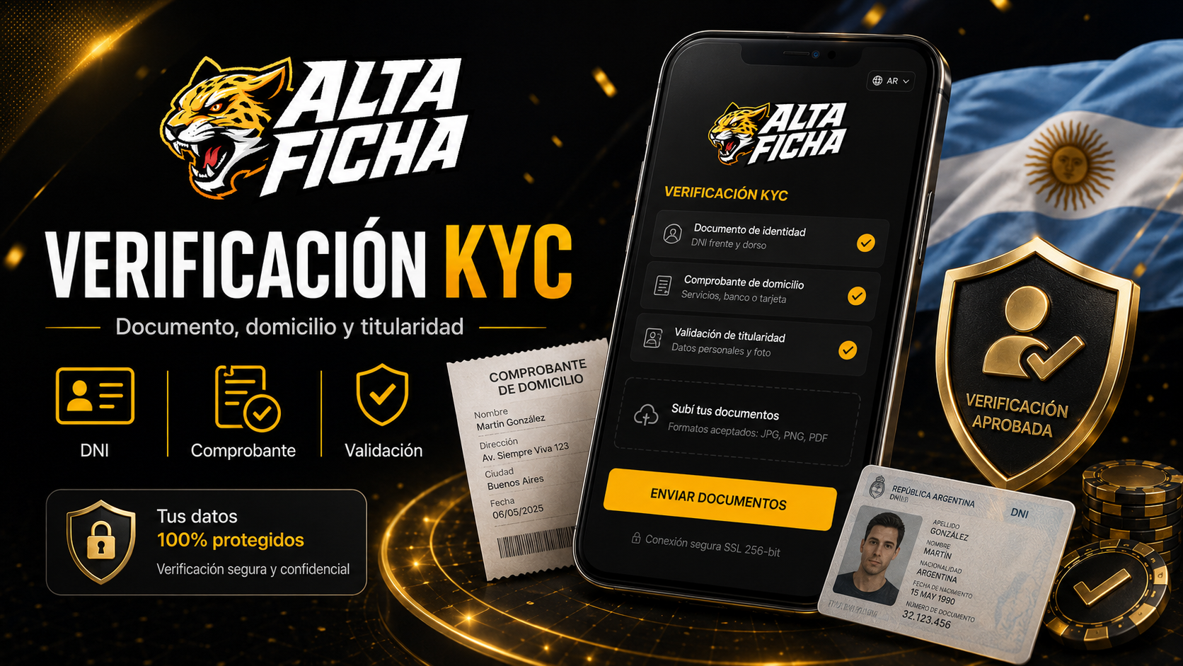 Verificación KYC de Altaficha con documento de identidad y comprobante de domicilio